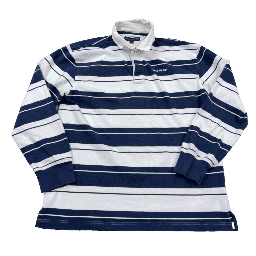 Tommy Hilfiger Rugby Polo Shirt Men Large Blue White Striped Colorblock Retro